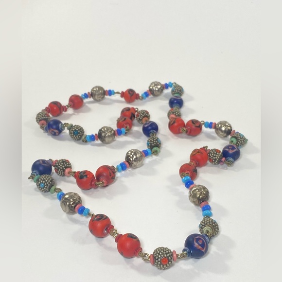 Beautiful Long Beaded Necklace with Red, Blue, and Silver Millefiori vibe Beads - Picture 8 of 8